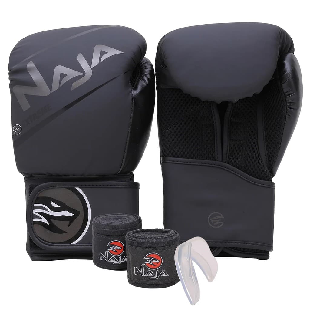 Kit Boxe Naja Extreme: Luva + Bandagem + Bucal - Preta