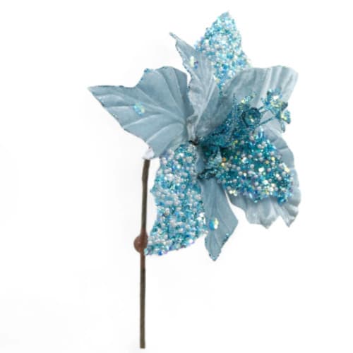 3 Flores Arvore De Natal Decorativa Azul Glitter Poinsetia
