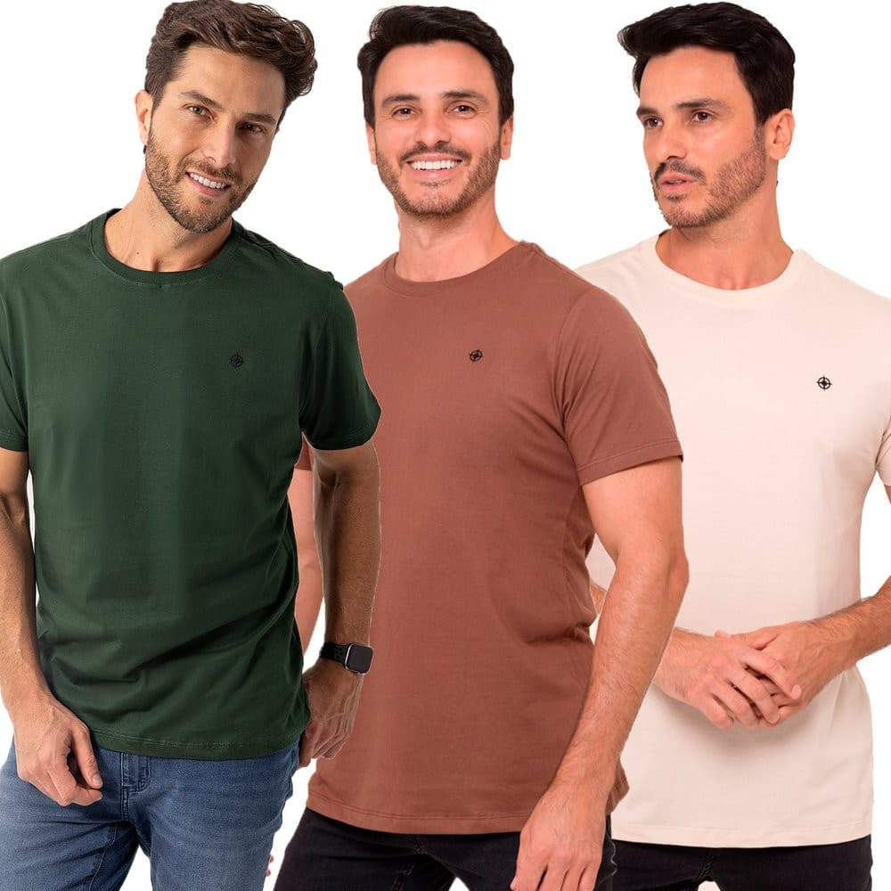 Kit 3 Camisetas Masculina Algodão Premium Casual Minimalista Costura Reforçada