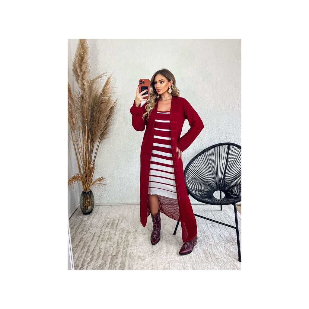 Conjunto Feminino Vestido Tubinho Tricô Listrado Mídi  Capa Manga Longa 36 ao 42  Lupinacci Tricot