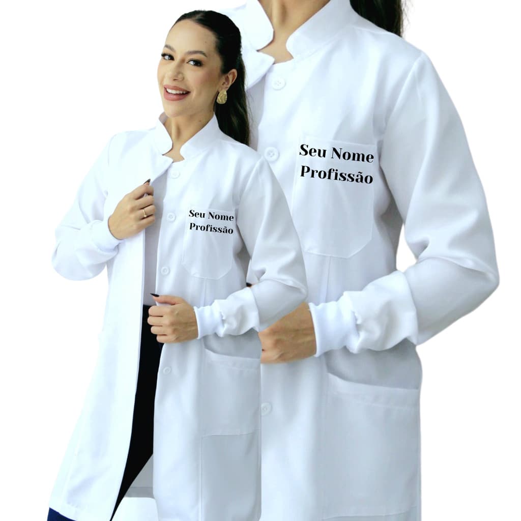 Jaleco Feminino Oxford Branco Botão Gola Padre Personalizado com Nome + BORDADO SEU NOME E PROFISSÃO