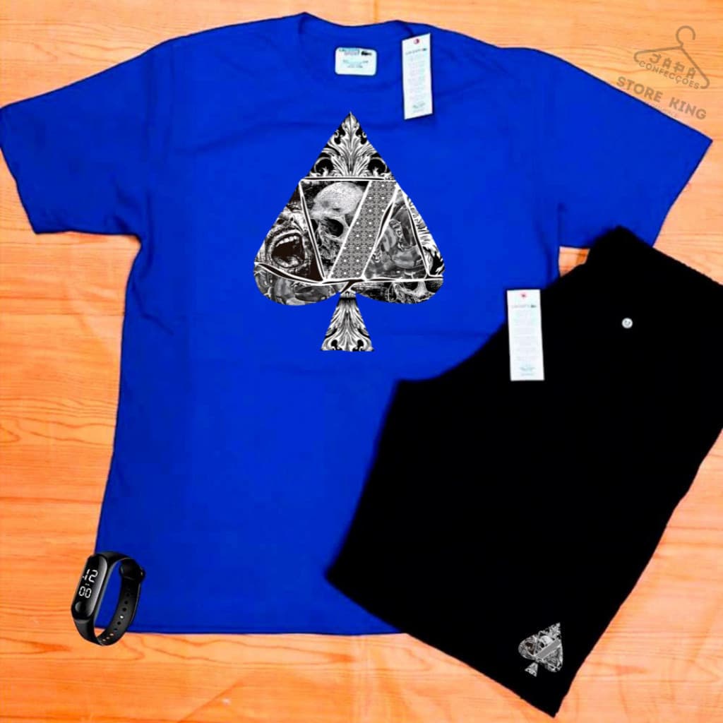 Kit conjunto camiseta 100% algodão bermuda tactel ESPADILHA Caminhada e Academia + RELOGIO