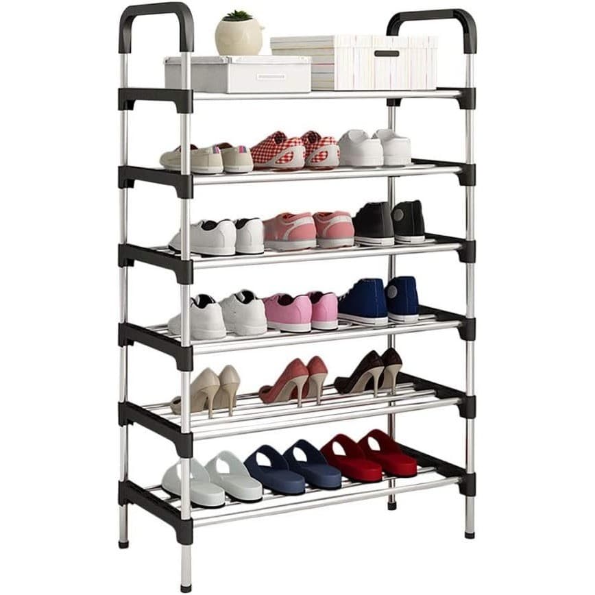 Sapateira 6 Prateleiras Vertical Luxo Desmontável em Aço Cromado para 18 Pares de Sapatos Calçados