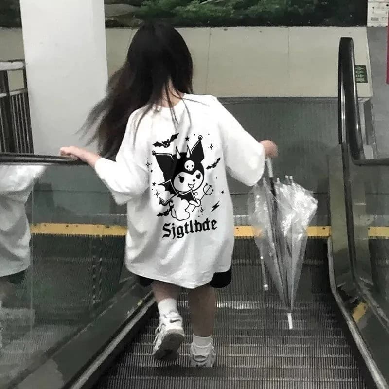 BR.Moonlight unissex oversized Camiseta de Kuromi,Morcegos e Estrelas Estilo Dark Cute Streetwear Casual