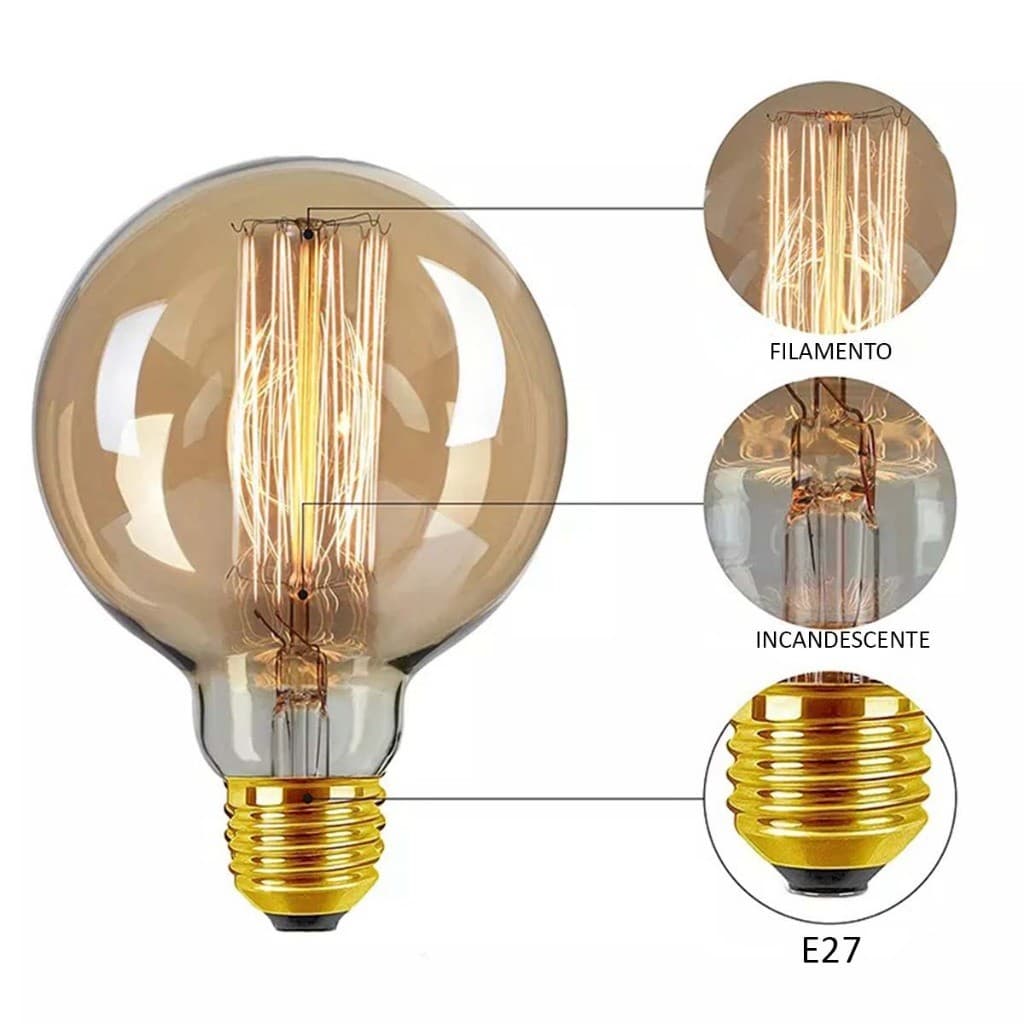 Kit 6 Peças Lâmpada Vintage Retro G80 Redonda Filamento De Carbono 40w E27 Decoração