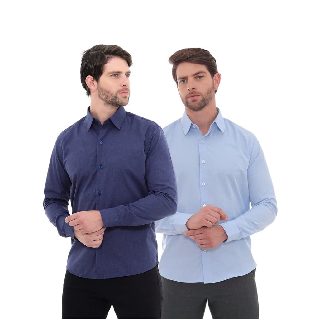 KIT Masculino 2 Peças - Camisa Social Premium Tipo Linho Azul Marinho e  Camisa Social Slim Azul Bebê