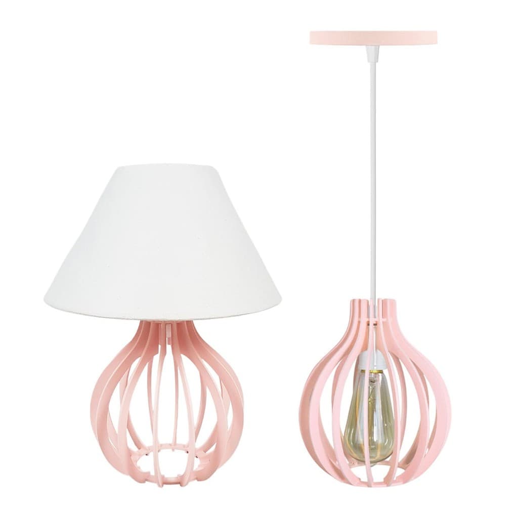 kit Quarto luminária pendente rosa cabo Branco e Abajur Luminária Bolinha Para Quarto Adulto Infantil Design Moderno