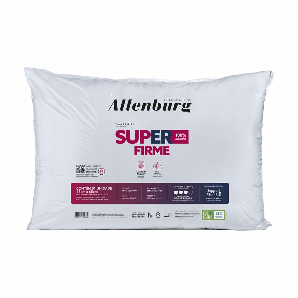 Travesseiro Suporte Super Firme 100% Algodão Lavável 48cm x 68cm - Altenburg