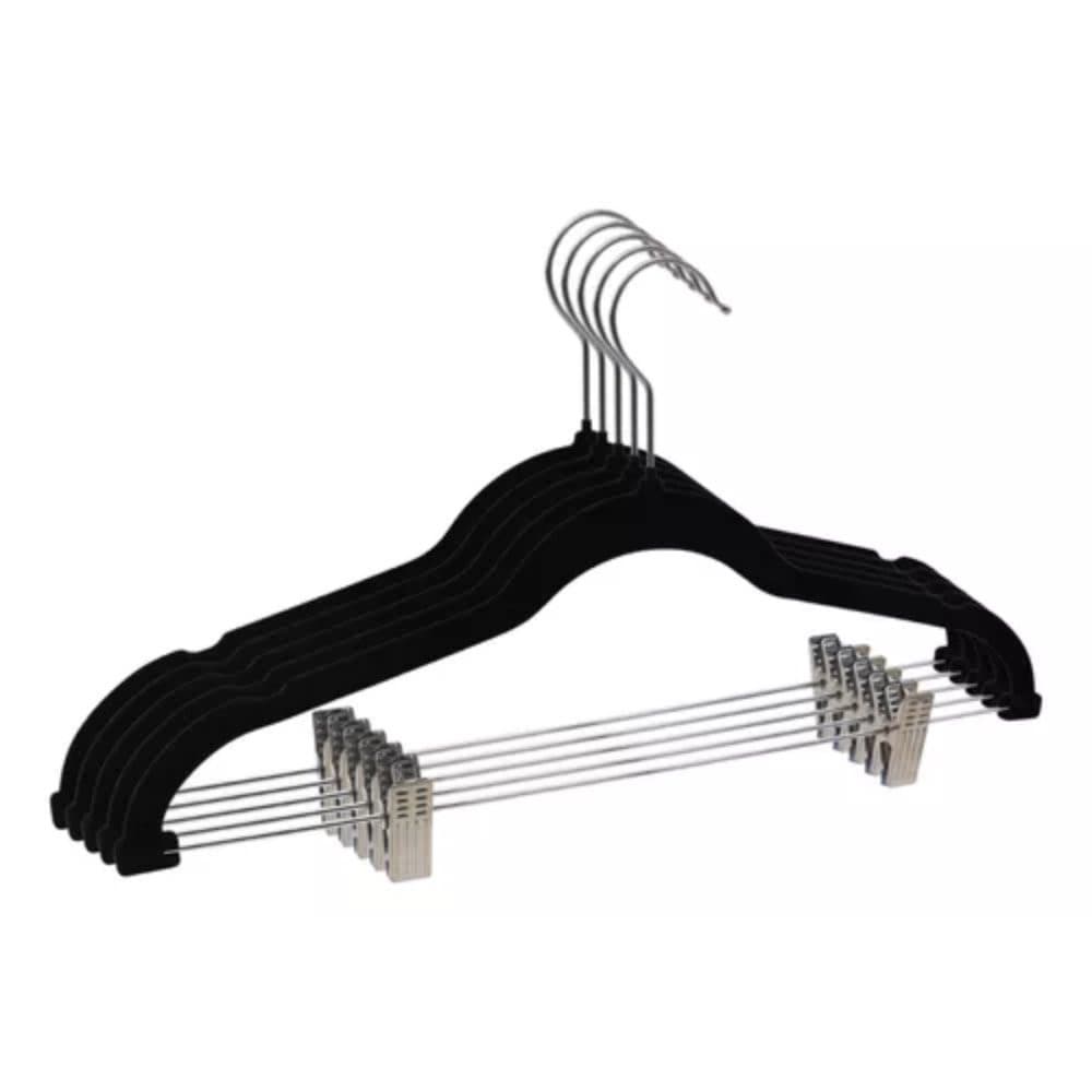Cabide Slim Veludo Preto com 10 presilhas 05 Unidades .