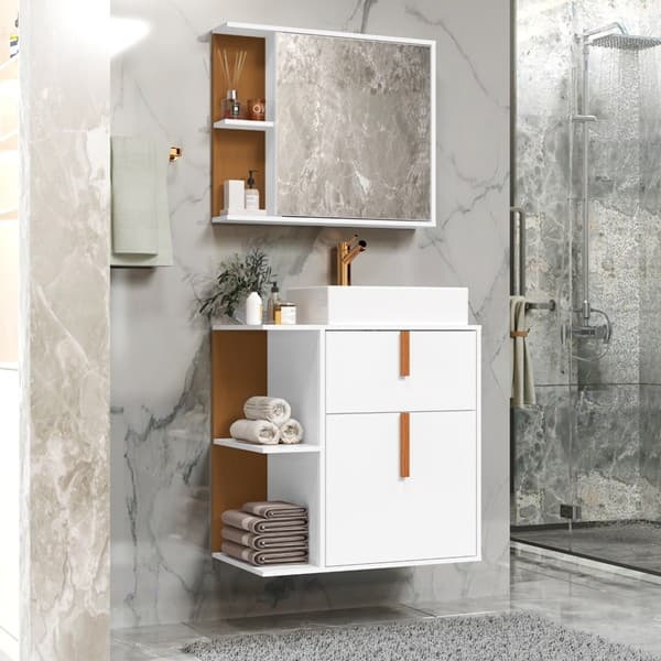 Kit Banheiro Espelho com Armario e Cuba Margô cor Branco / Nature - Comprar Móveis em Casa
