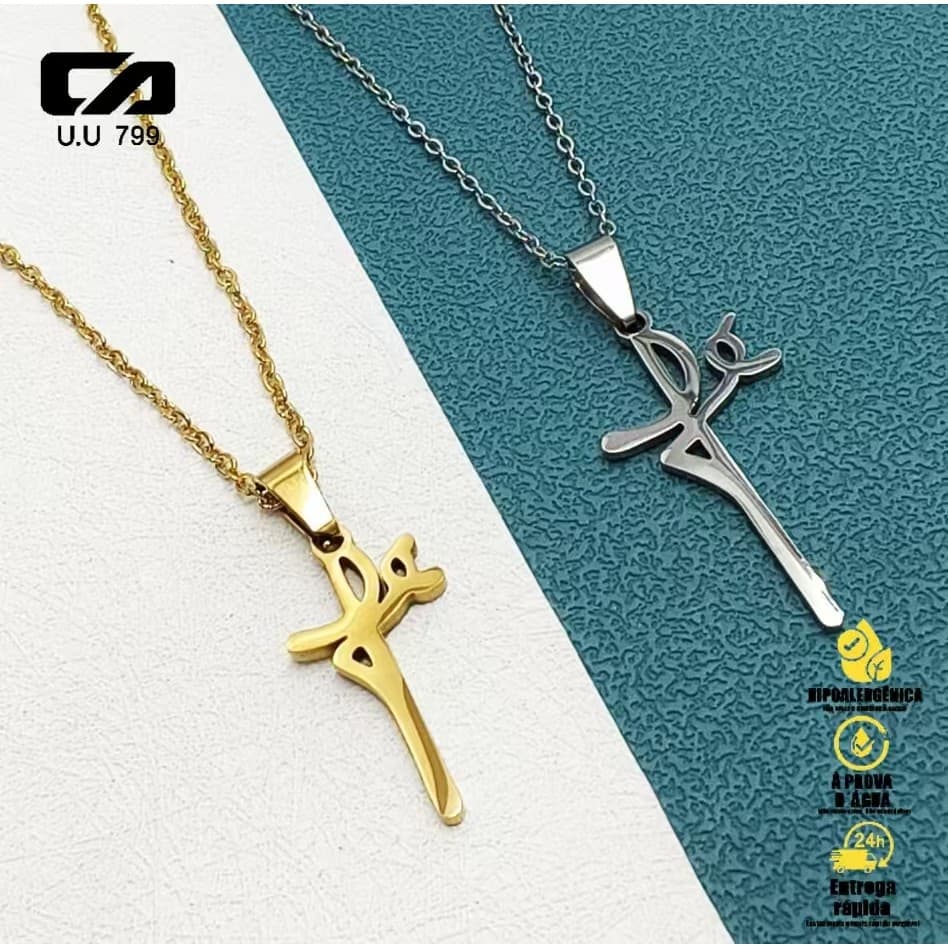 Corrente de Aço Inoxidável com Pingente de Cruz Fé - Colar Banhado a Ouro 18K, Alta Durabilidade