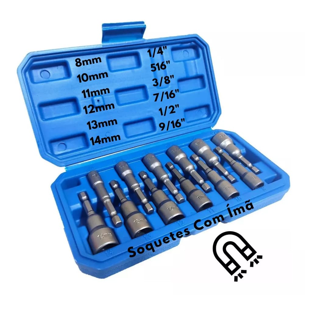 Kit Jogo Soquete Canhão Sextavado Bits Magnético C/ Estojo 12 peças