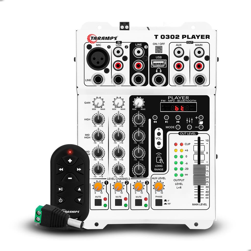 Mesa de Som Taramps T 0302 Player 3 Canais Bluetooth com Player Integrado USB FM e Controle Remoto