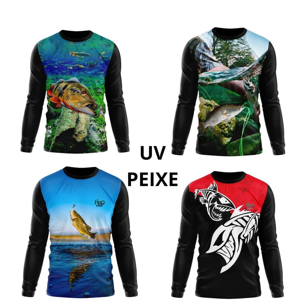 INFANTIL Camisa Camiseta Masculina e Feminina Uv Proteção Solar Estampa Peixe Pescaria