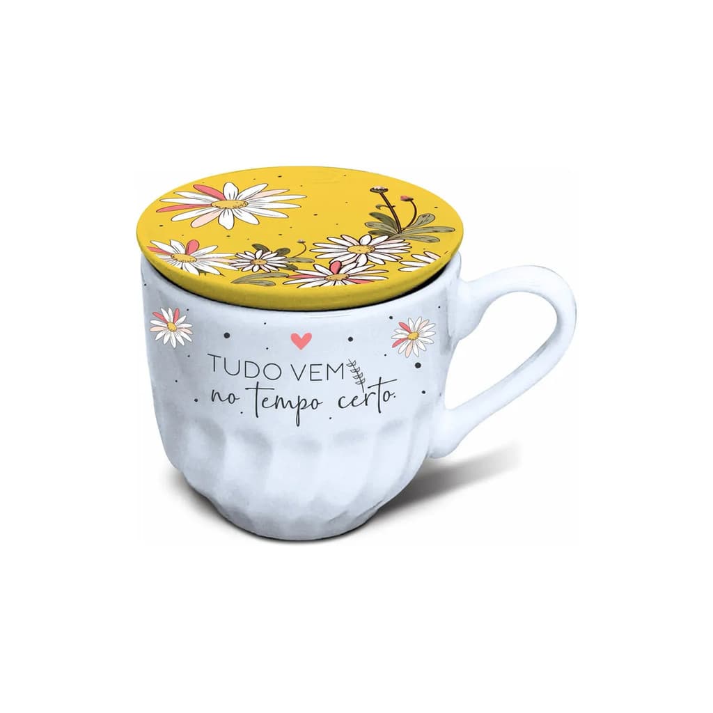 Xícara com Tampa Amarela 240 ML Tudo Vem no Tempo Certo Frase Motivacional Presente Decoração Café Chá