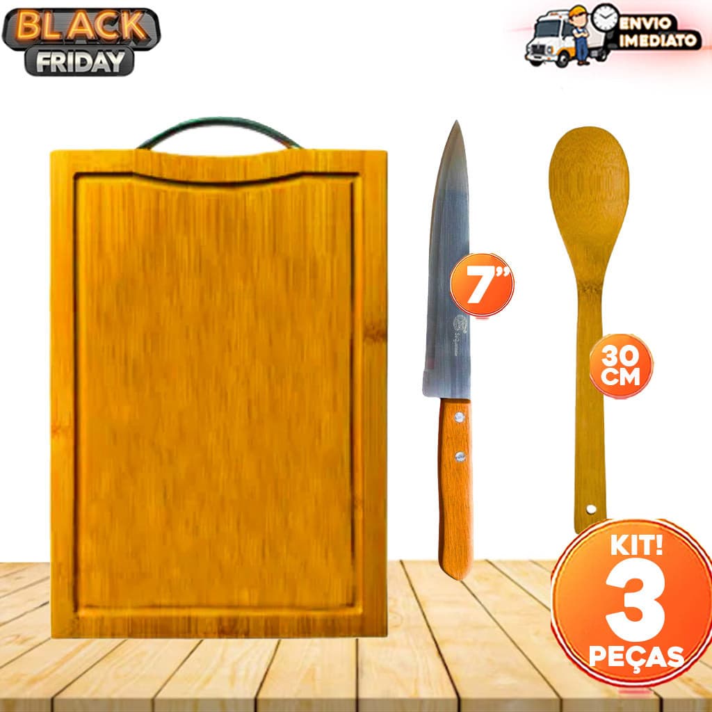 Kit Tábua de Corte com Sulco, Alça, Colher de Bambu e Faca de Madeira – Praticidade e Estilo na Sua Cozinha!