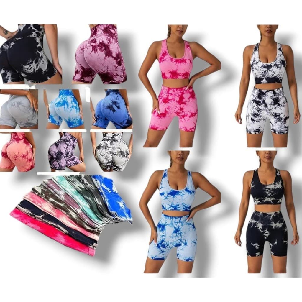 Conjunto academia Esportivo empina bumbum Feminino Tie Dye Top e Short Cintura Alta S/Costura P.HQ