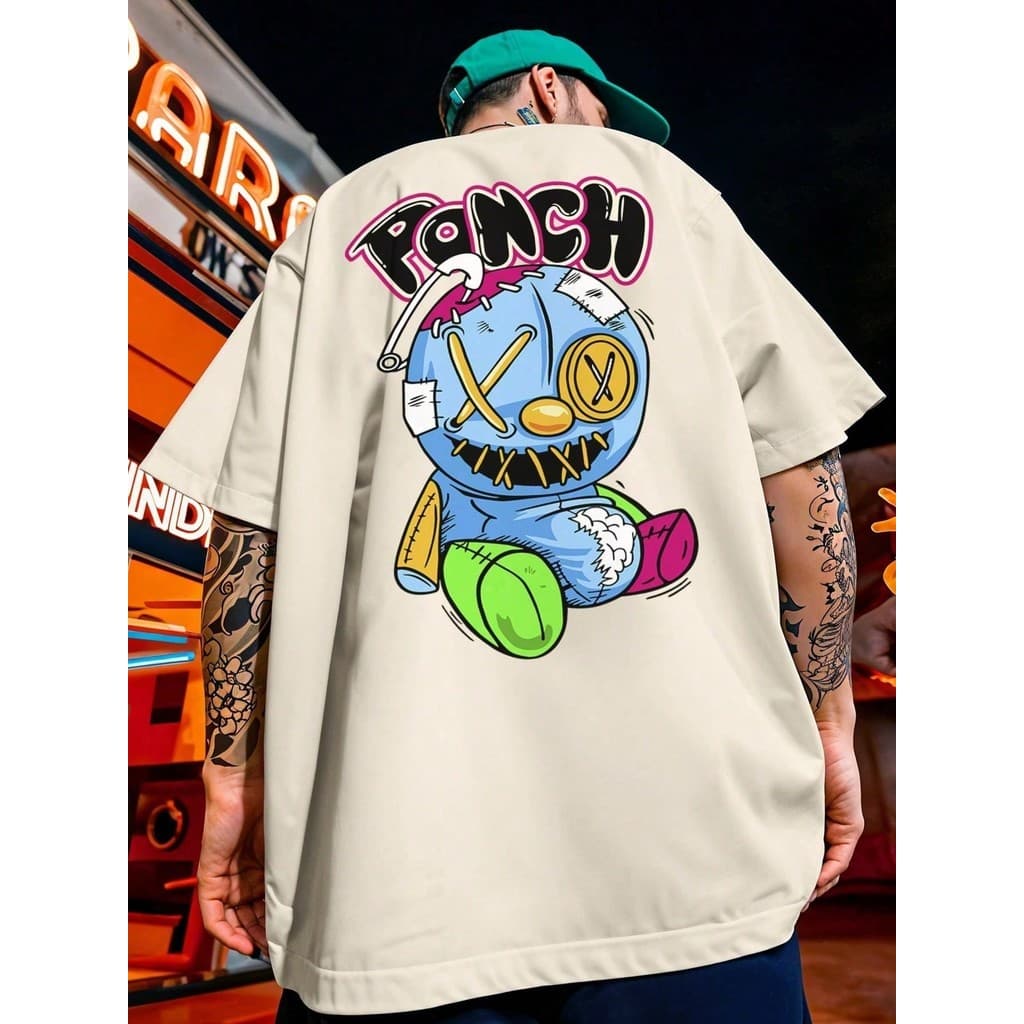 Camiseta Masculina Estampada Urso Anjo Panch desenho frente e costas
