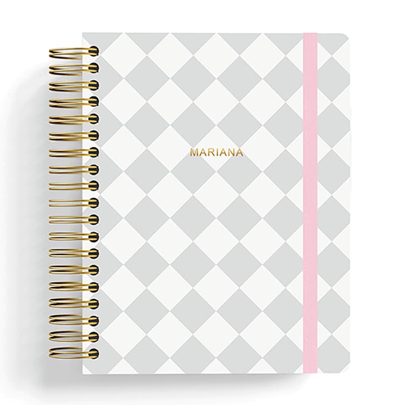 CADERNO SMART PERSONALIZADO COM SEU NOME NA CAPA EM HOTSTAMP | CINZA XADREZ | TAMANHO A5 | FOLHAS REPOSICIONÁVEIS