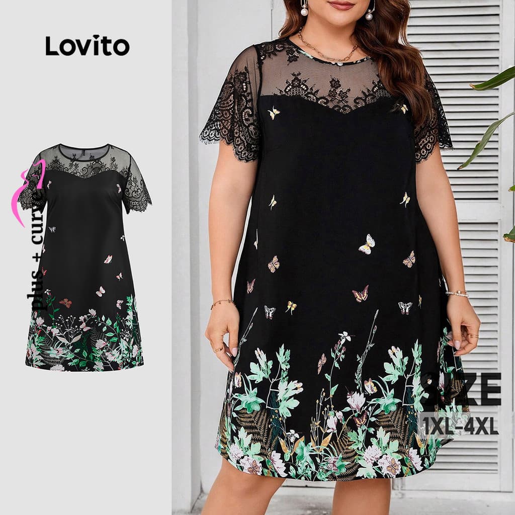 Lovito Casual Vestido Plus Size Com Curvas Florais E Renda Para Verão/primavera Para Mulheres Bordado LBL23288