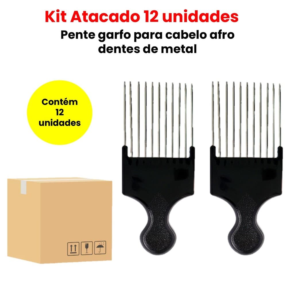 KIT ATACADO C/ 12 UNIDADES PENTE GARFO PARA CABELO AFRO DENTES DE METAL