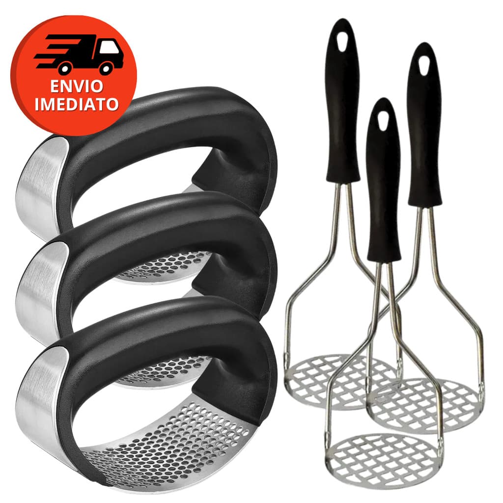 Kit Amassador Espremedor Triturador Alho E Amassador Batatas Inox Esmagador Manual C/02, 04 Ou 6Un