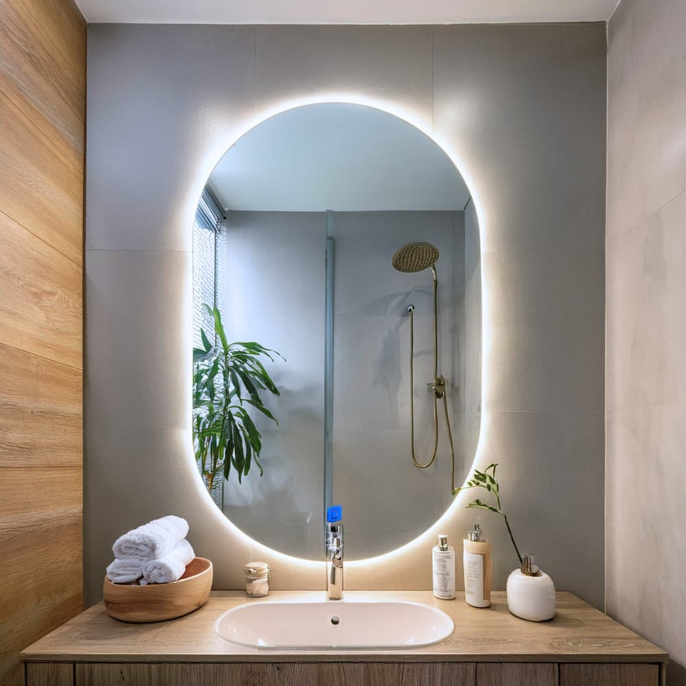 espelho oval 100x60cm com iluminação em led e sensor touch