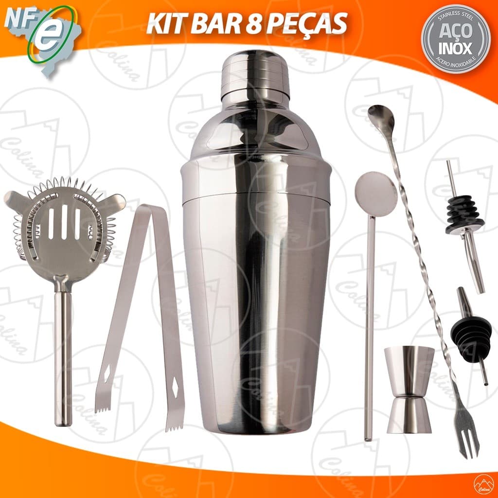 Kit Bar 8 Peças Inox Completo Coqueteleira Drink Dosador Caipirinha Kolling Sell