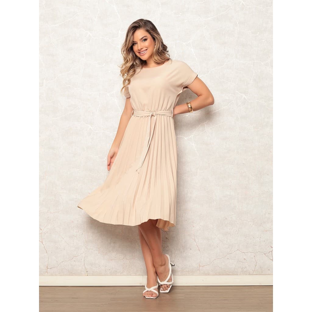 Vestido midi feminino plissado gola redonda manga curta com laço na cintura estilo elegante para trabalho e encontros