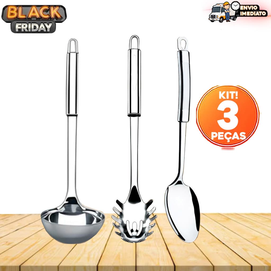 Kit 3 Utensílios de Cozinha - Concha, Colher de Arroz e Pegador de Macarrão em Inox Linha Premium