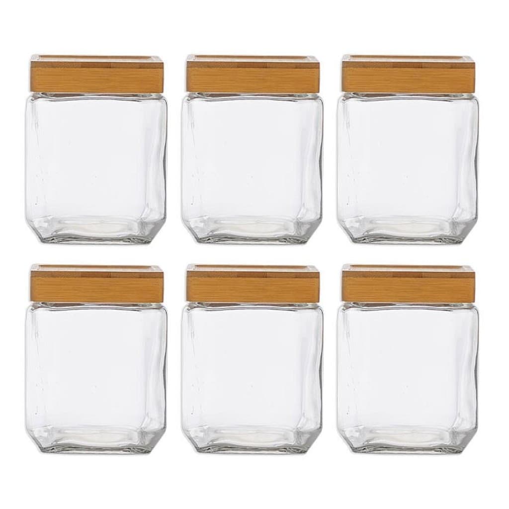 Kit 6 Pote Hermético Quadrado Tampa Bambu 1250ml Design Sofisticado Mantimentos Multiuso
