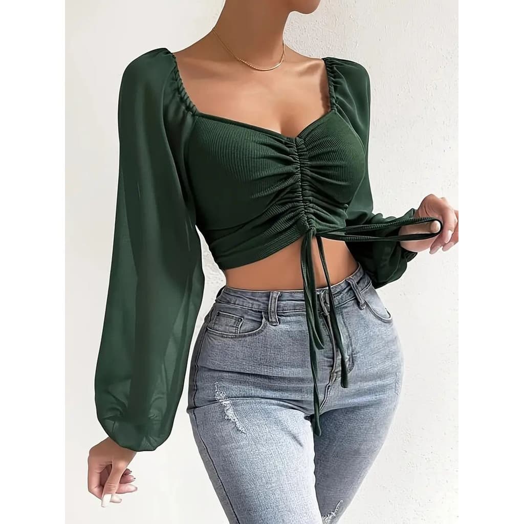 Top De Musselina Para Mulher 2024 Blusa Com Decote Em V E Cordão Blusa Com Manga De Lanterna Camisa Elegante De Ajuste