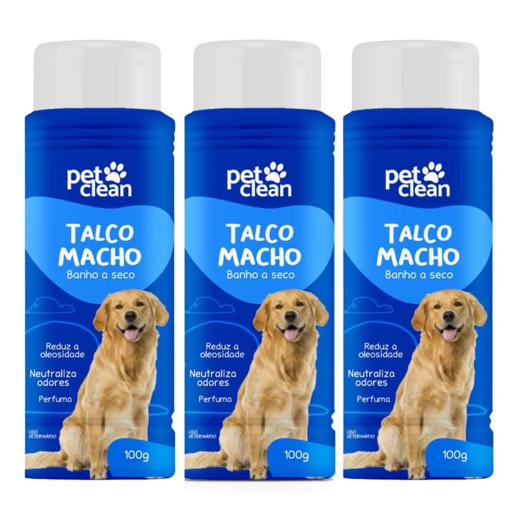 Kit 3 Talco para Cães Macho Pet Clean 100g, Reduz Oleosidade e Neutraliza Odores