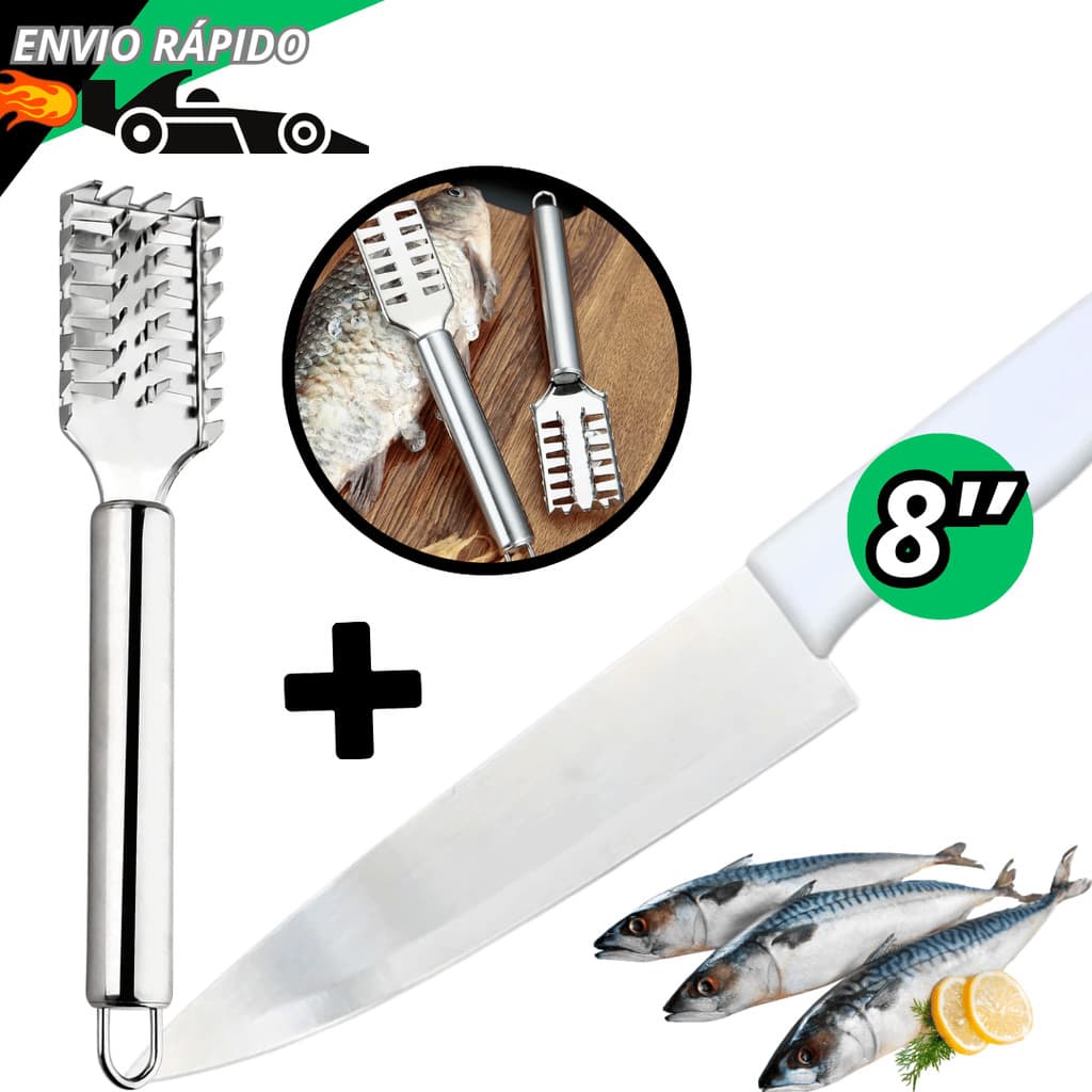 Jogo Faca de Cozinha Com Escamador de Peixe Inox Peixeira Do Chef Com Cabo Branco 8' Kit Para Cortes