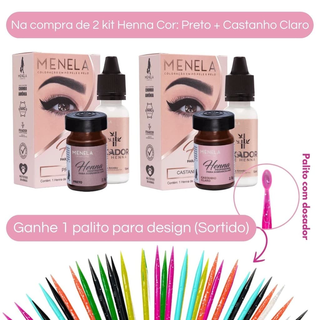 Kit 2 Henna Menela Preto + Castanho Claro + Palito Para Design De Sobrancelhas (Sortido)