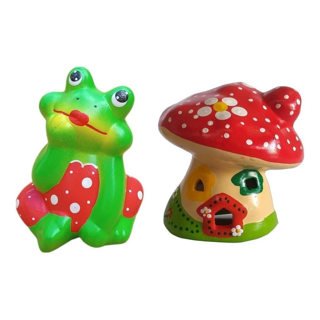 1 Cogumelo + 1 Sapo Enfeite Casa Jardim Cerâmica Decoração