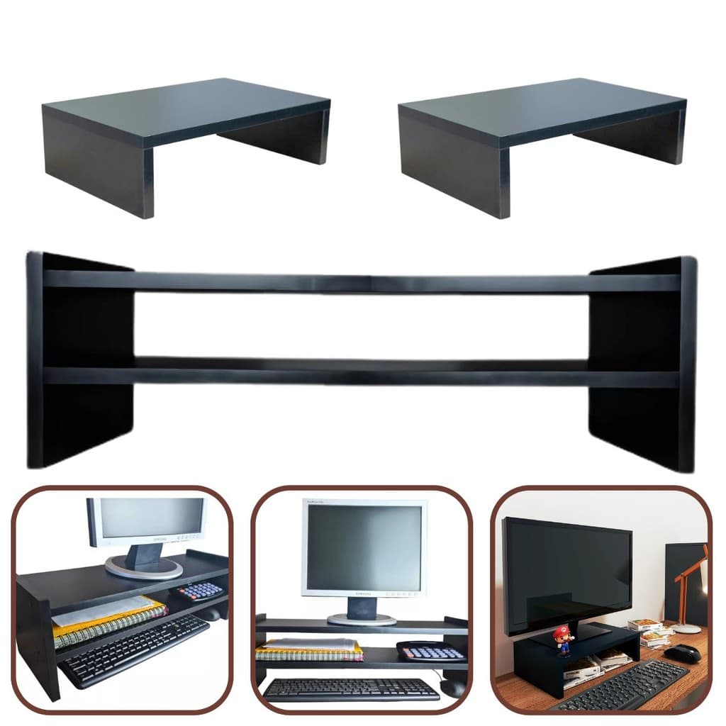 Kit 1 Suporte Monitor Duplo 20x60x20cm + 2 Suporte Monitor 10x35x20cm MDF Preto