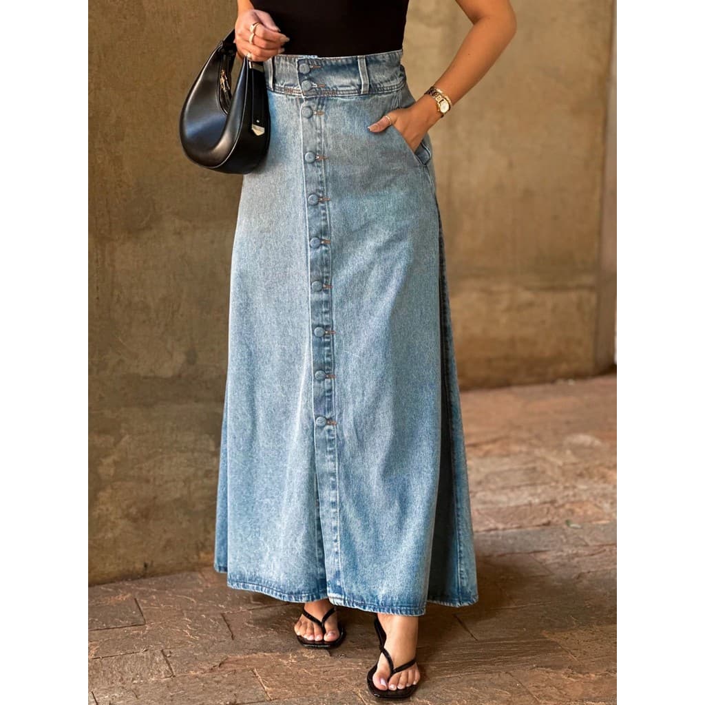 Saia jeans feminina saia longo botao forrado