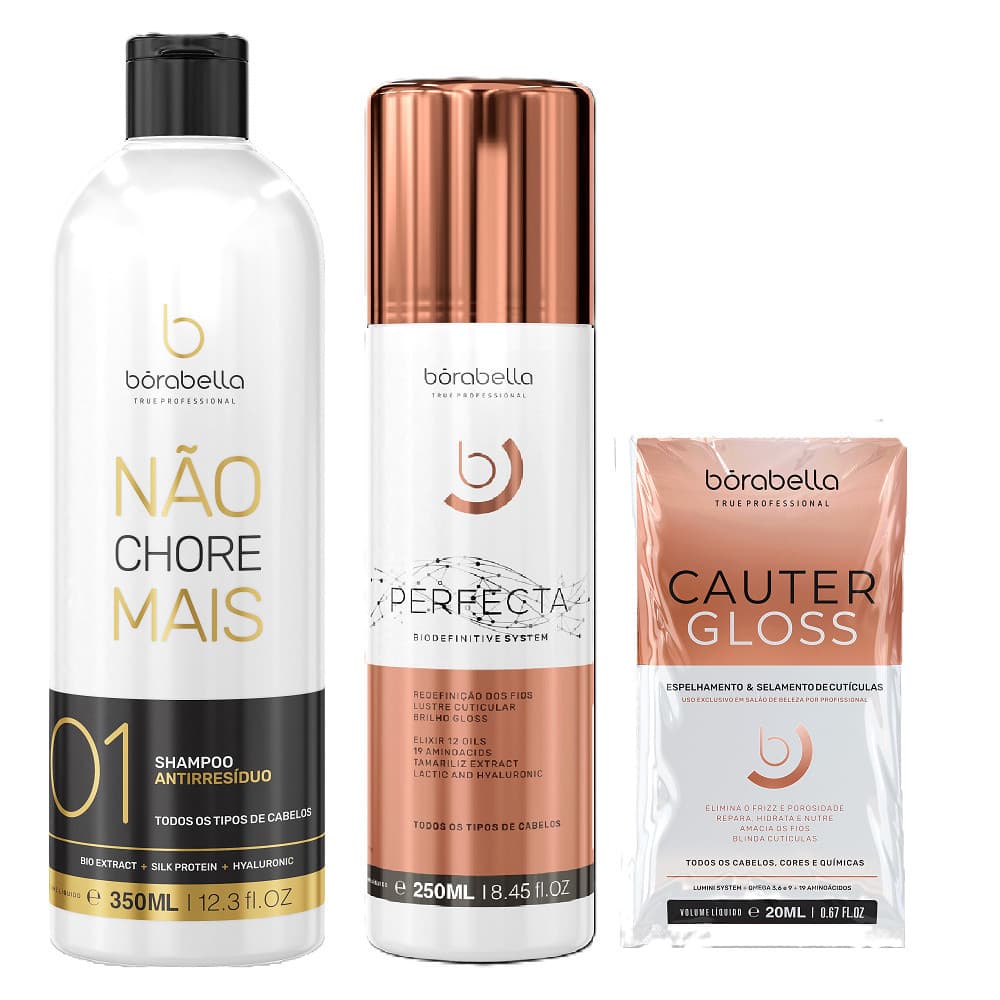Kit Borabella Shampoo Antiresíduos + Progressiva Perfecta 250ml + Sache CauterGloss 20ml