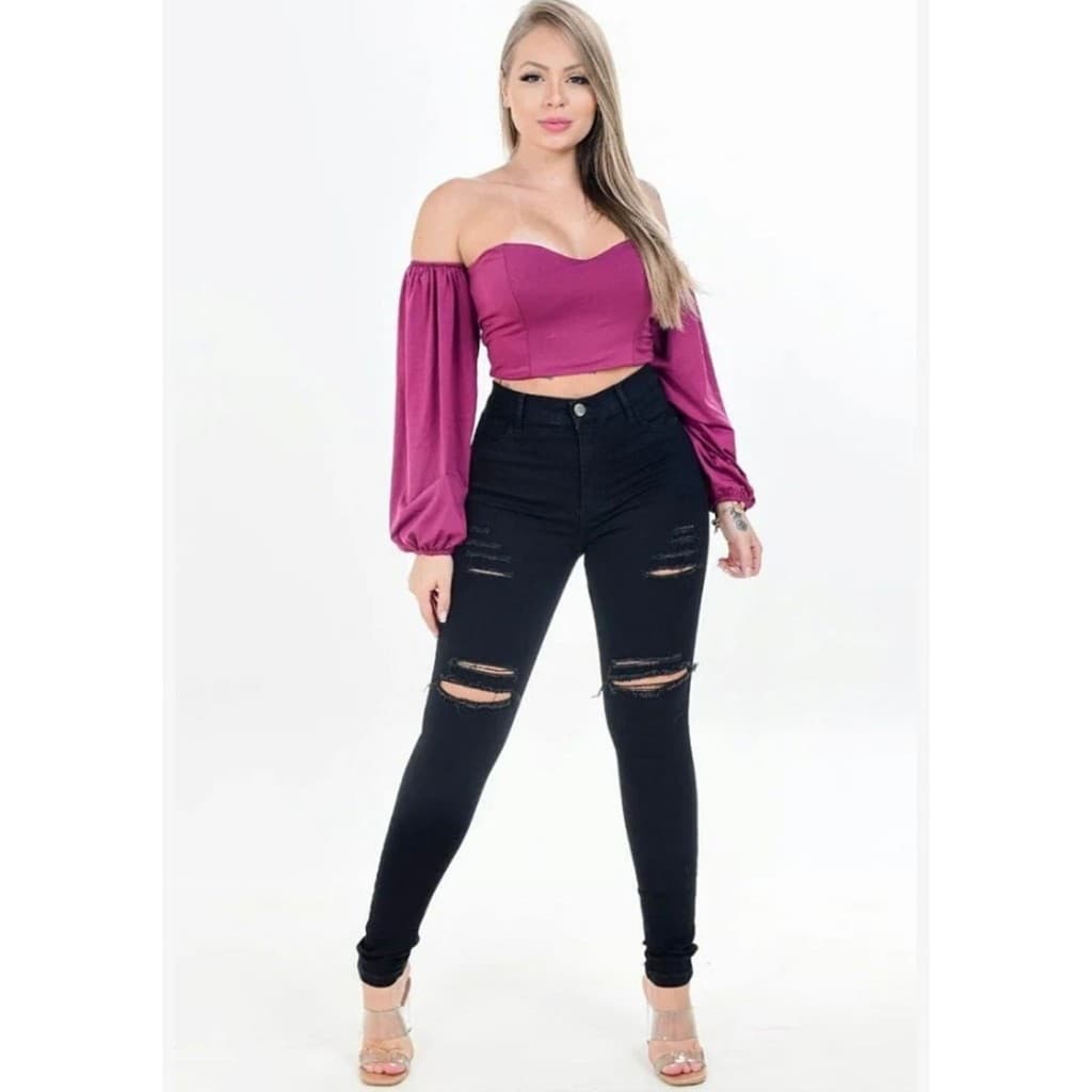 Calça Preta Jeans Básica Escura Cintura Alta Rasgada
