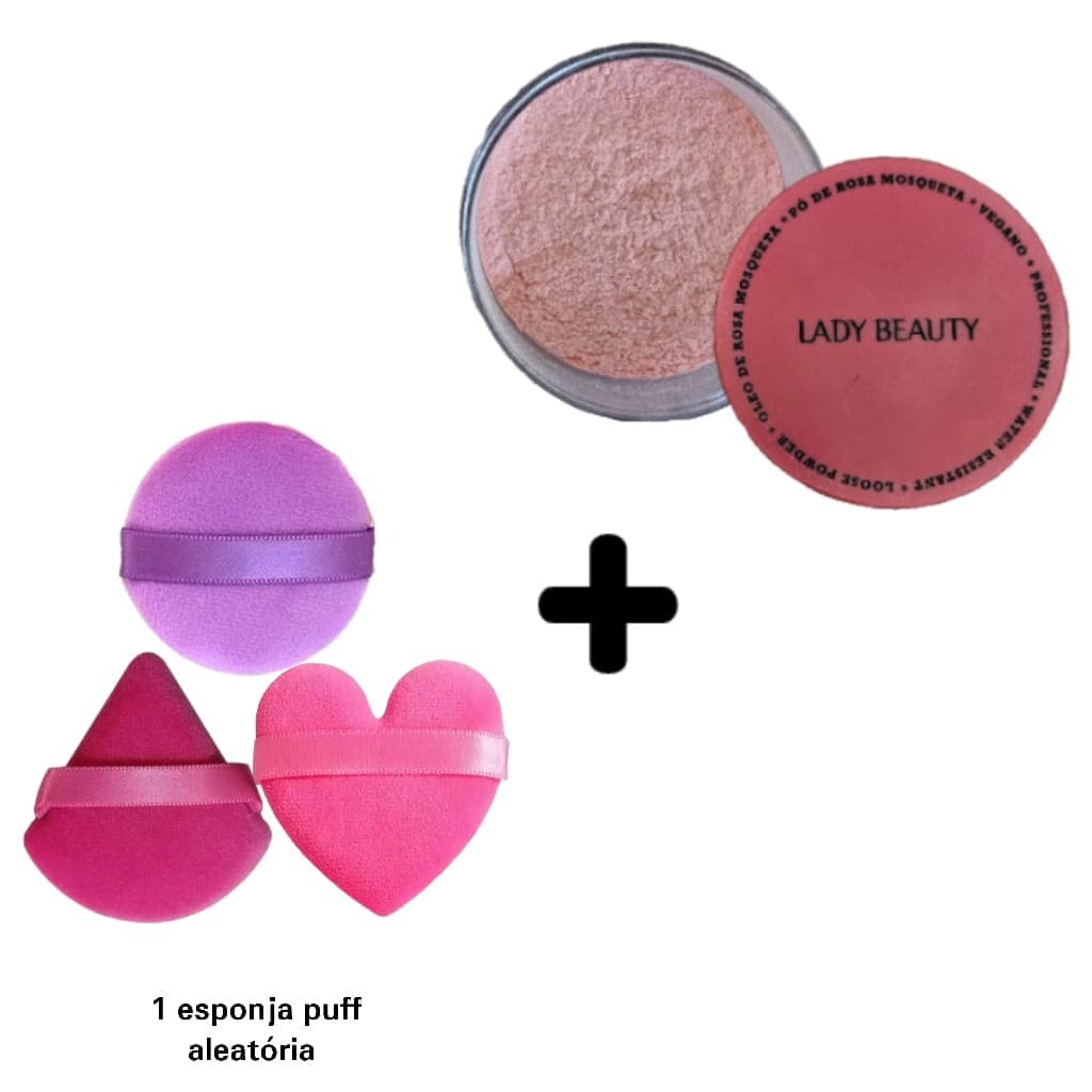 Pó Facial de Rosa Mosqueta Profissional Looser Powder Matte Aveludado e Resistente à Água e 01 Esponja Almofada Puff