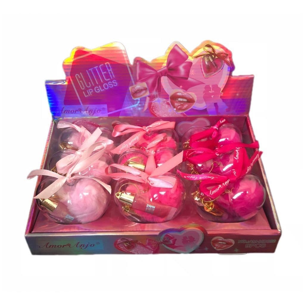 Box Fechado c/ 9 uni Glitter Lip Gloss Heart Case + Chaveiro+ Lip gloss New Arrivals