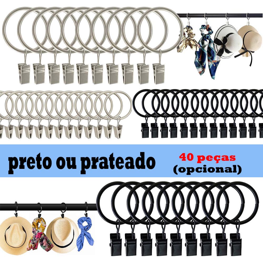 40 Conjuntos De Anéis De Cortina De Aço Plano Com Clipes Para Faixas 4 cm-Preto/Prata TZKP