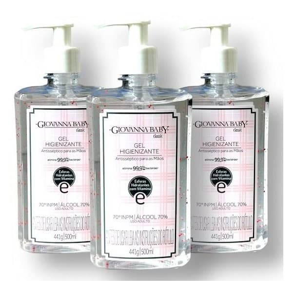 Kit 3 Álcool em Gel Higienizante Giovanna Baby Classic 500ml 70º - Higieniza e Hidrata com Suave Perfume