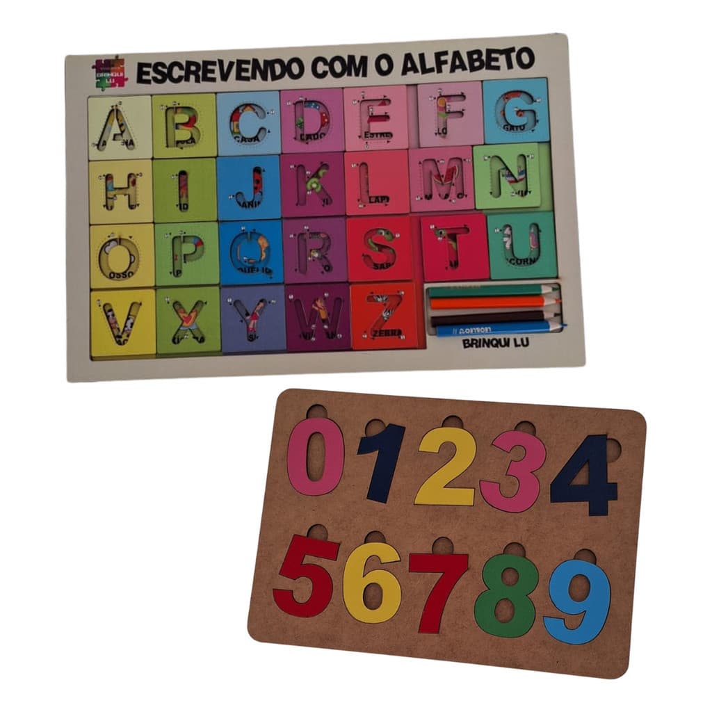 Kit 2 Jogos Educativos Escrevendo Alfabeto e Tabuleiro Com Números Aprendizado