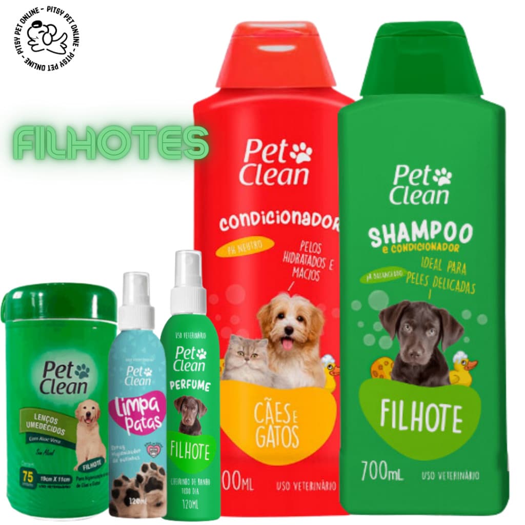 Kit Banho Completo Filhotes- Para cães e gatos- Shampoo+Condicionador+Perfume+Lenço Umedecido+limpa patas