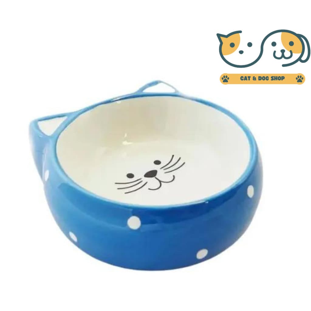 Comedouro De Porcelana Cat Face Azul/Vermelho 200ml