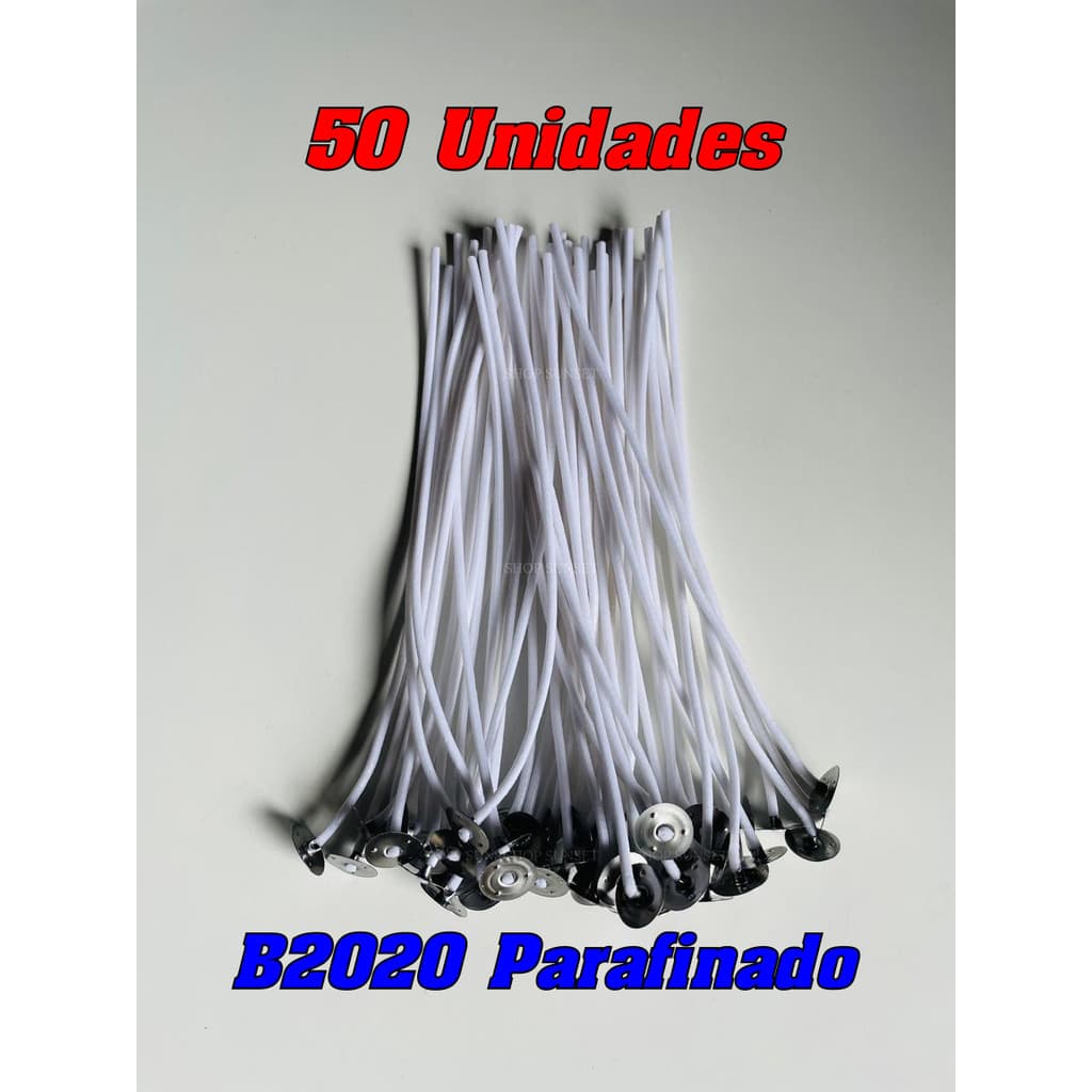 Kit 50 Pavios B2020 Montado 100% Algodão e Parafinado - 18cm