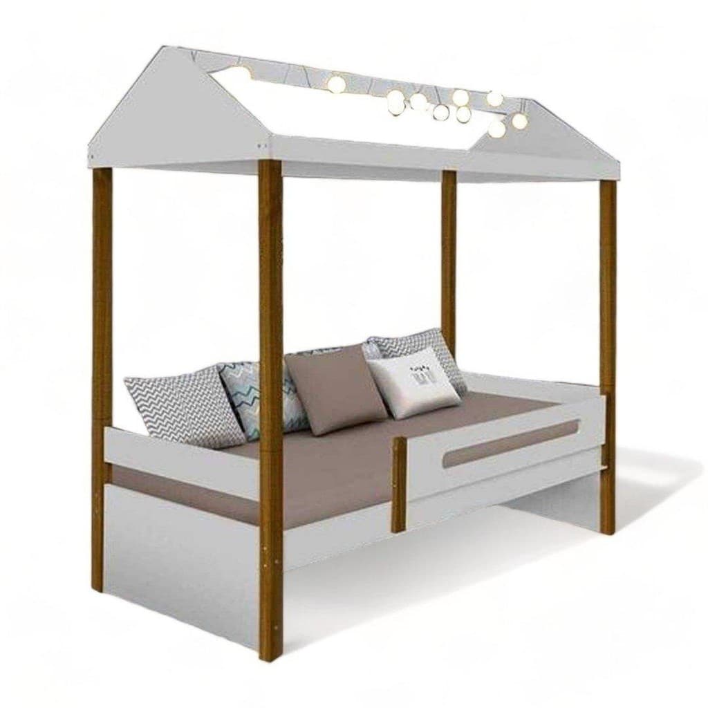Cama Casa Solteiro Sara Branco/Mel com LED
