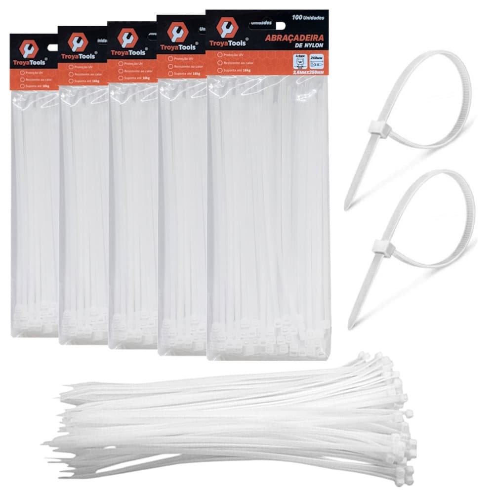 500 Abraçadeiras Lacre Nylon Enforca Gato Cinta Plástica 3,6x250mm Fita Hellerman Branca
